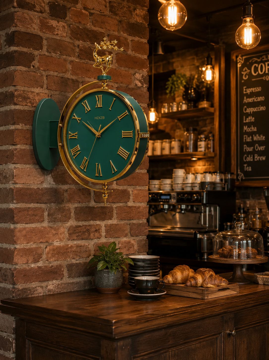 A decorative wall clock with a teal green face and gold frame, mounted on a red brick wall in a cozy cafe setting with warm hanging lights and coffee items on a wooden counter.