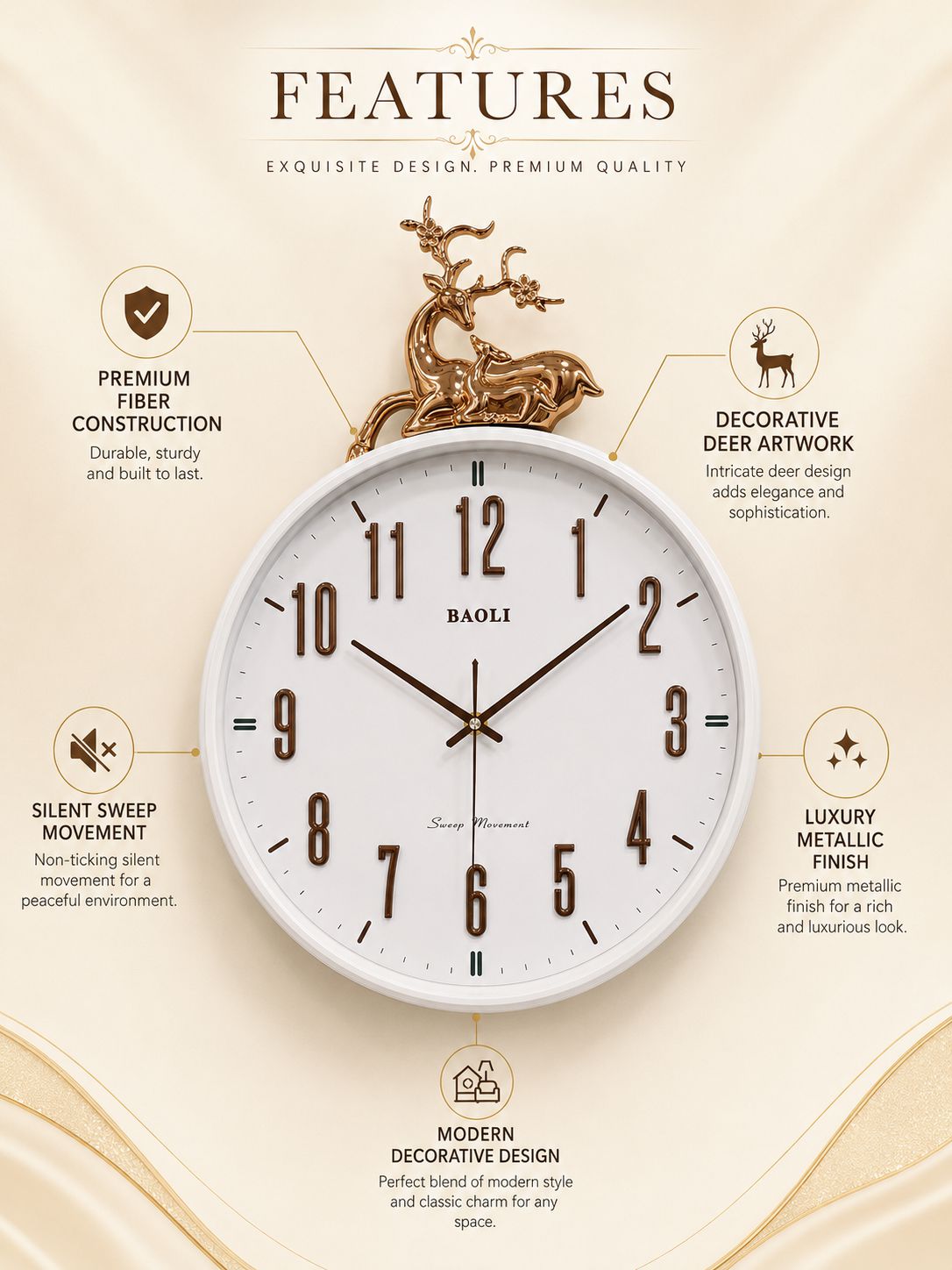 A decorative wall clock with a white face and dark brown numerals, centered on a beige promotional graphic with text callouts and a gold deer artwork above it. The brand name BAOLI is visible on the clock face.
