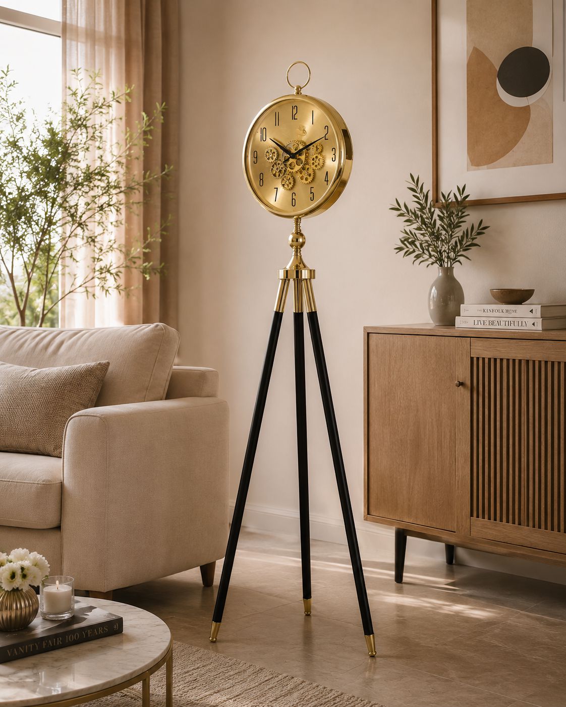 A floor clock with a round gold clock face and ornate gold hands, mounted on three black tripod legs with gold accents, set in a warm, modern living room next to a beige sofa and wooden cabinet.