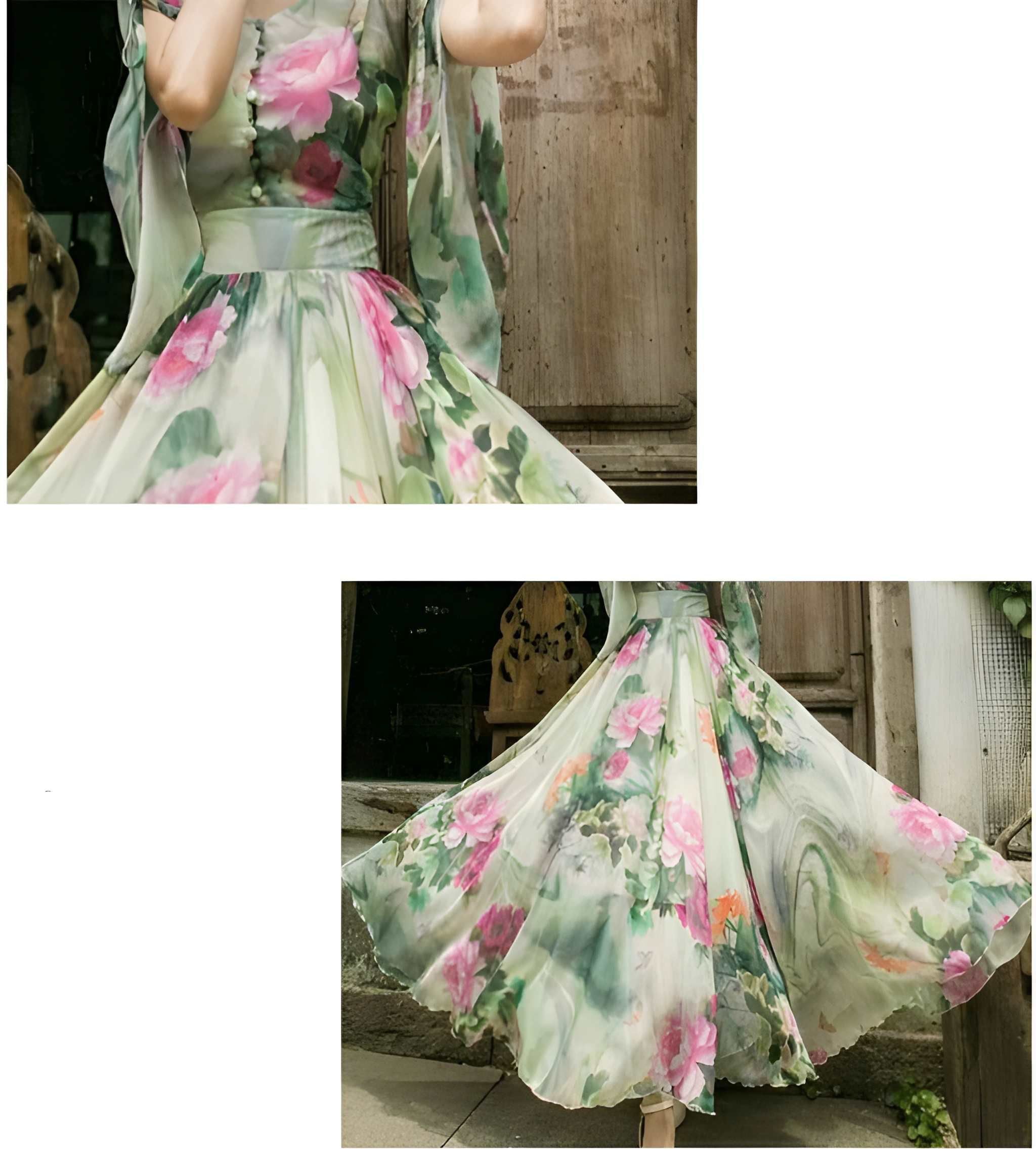 A flowing floral dress shown in two views, with a top cropped view and a lower full-length view. The dress has a sheer pale green base with large pink and peach flowers and green watercolor-style leaves, photographed against a rustic wooden doorway.