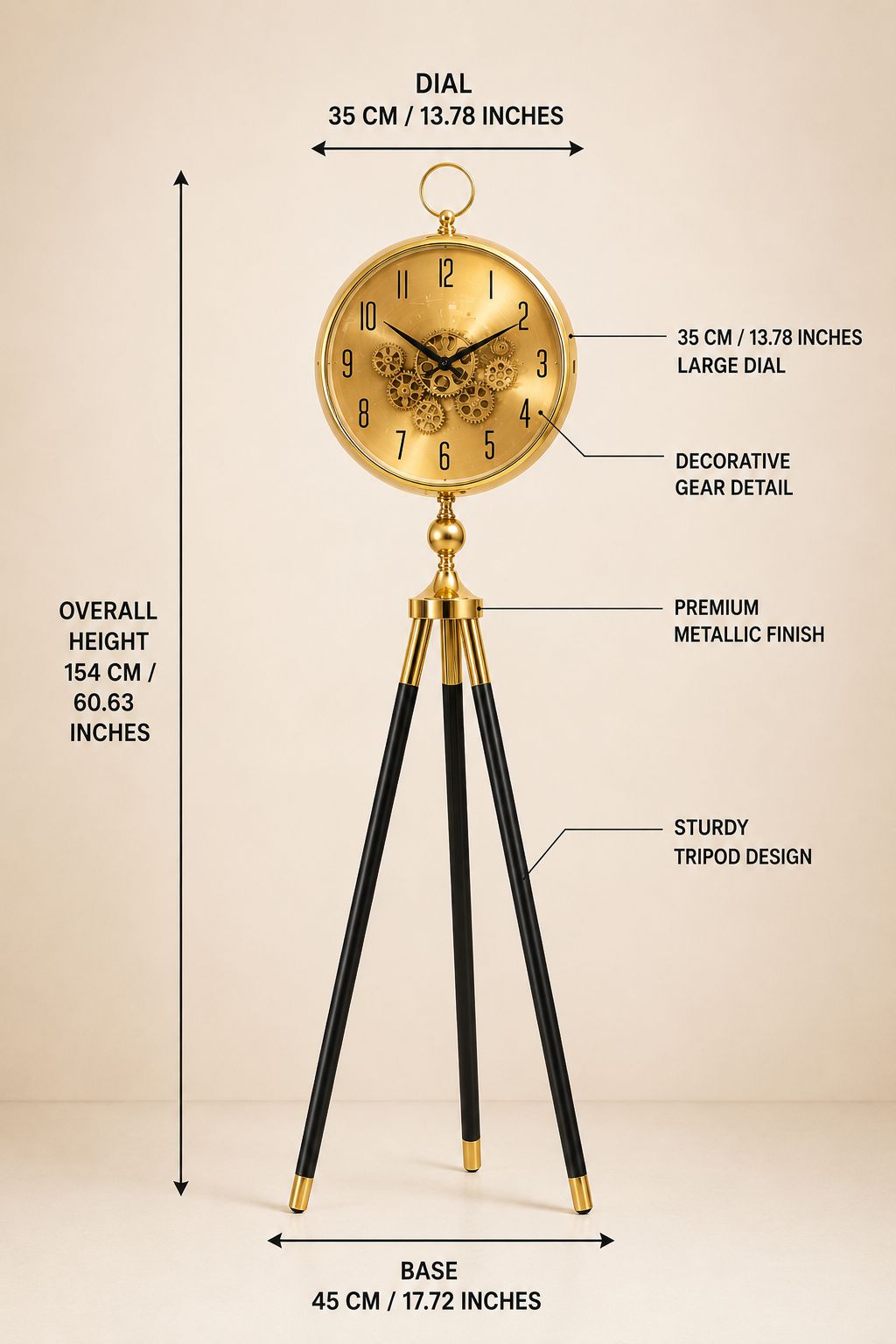 A freestanding tripod floor clock with a round gold dial, ornate gold top, and three black legs with gold tips, shown with measurement callouts and labels on a light beige background.