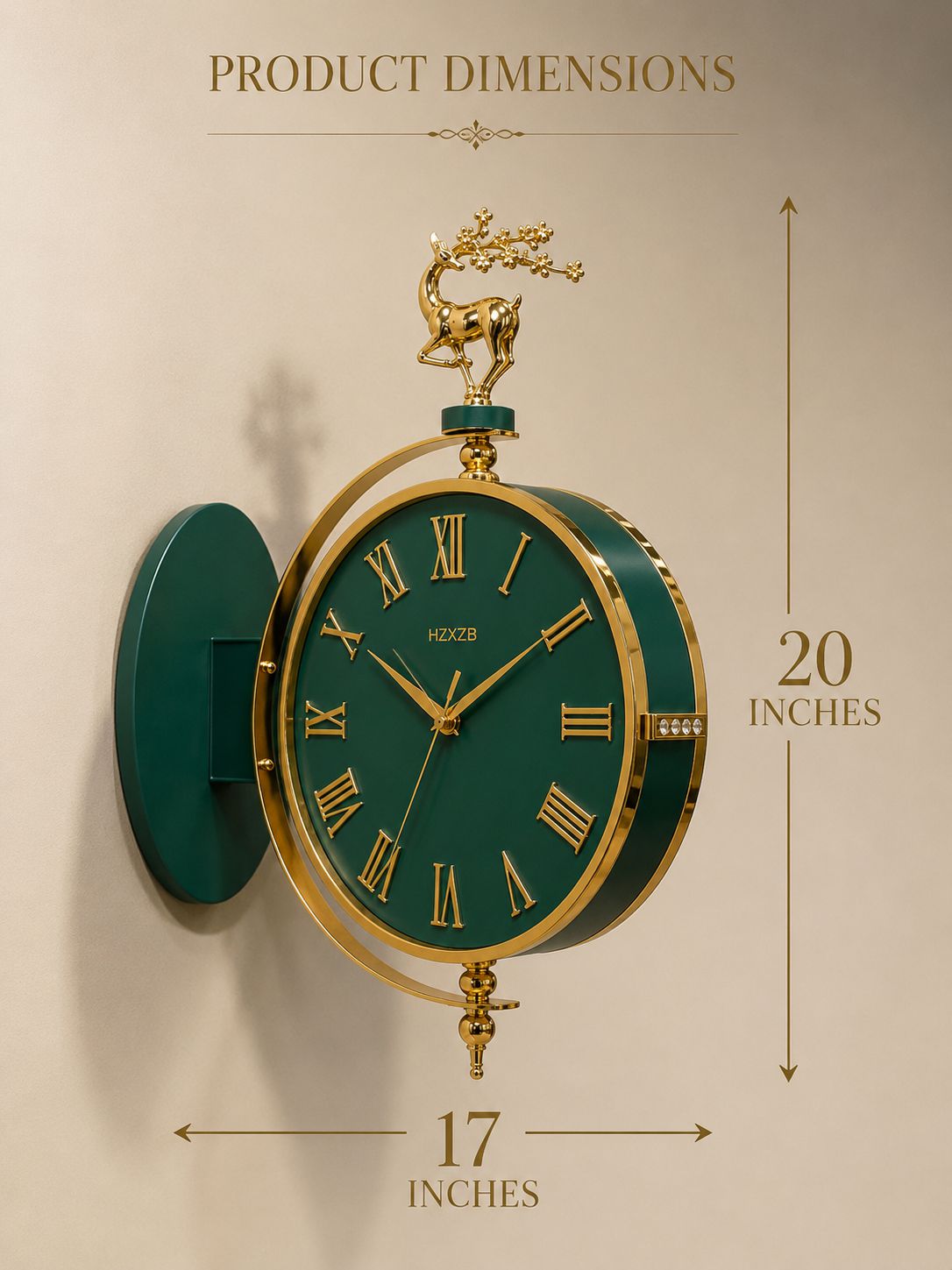 A green and gold wall clock shown with dimension annotations: 20 inches tall and 17 inches wide, on a beige background with the heading 'PRODUCT DIMENSIONS'.