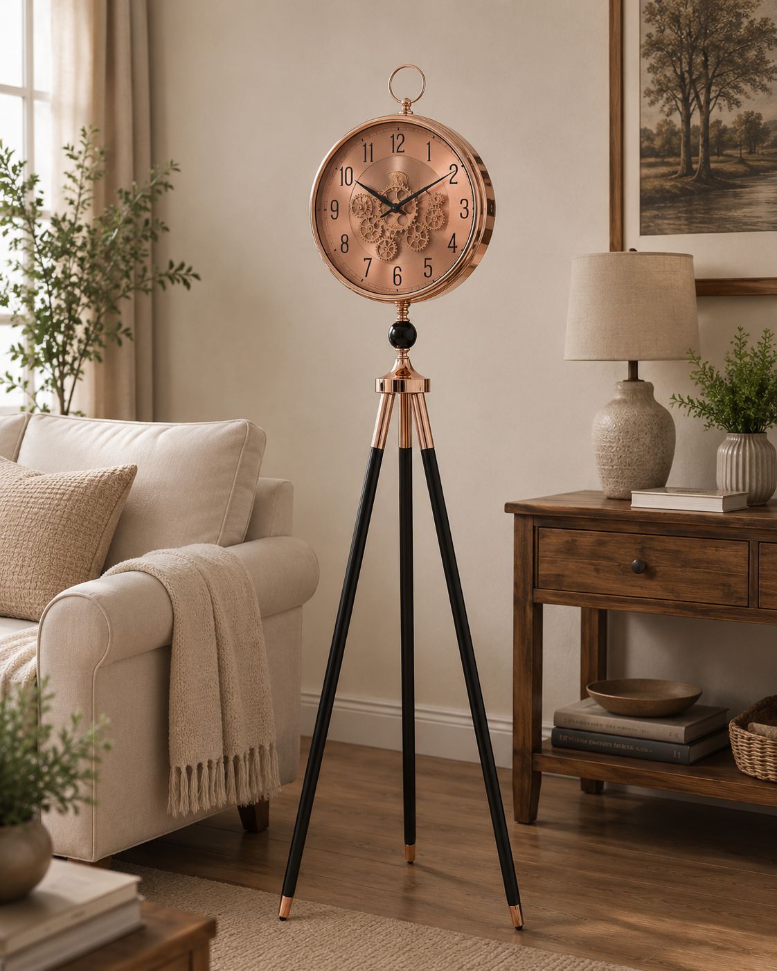 A large decorative floor clock with a round rose-gold face and tripod base stands in a styled living room beside a sofa, side table, and lamp.