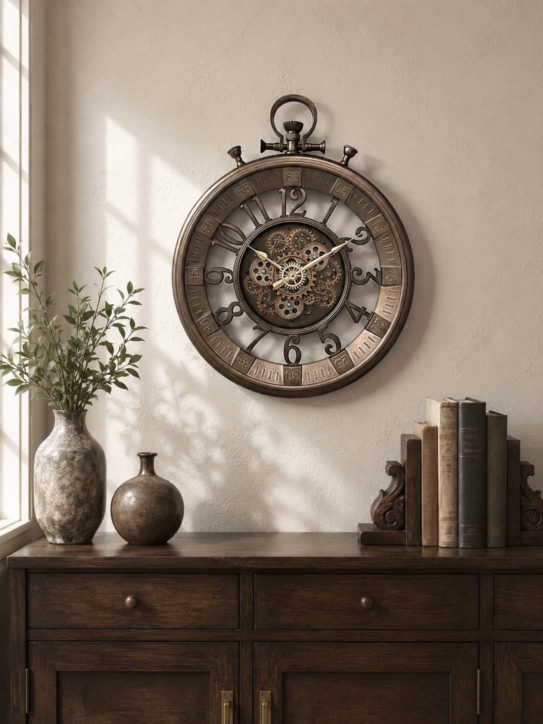 A large round vintage-style wall clock with a skeletonized center and Roman numerals, mounted on a beige wall above a dark wood console table with vases and books.