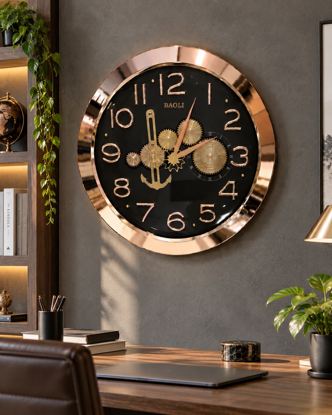 A large round wall clock with a black face, gold numerals and hands, and a shiny rose-gold metallic frame, mounted on a gray wall above a wooden desk in a styled home office.