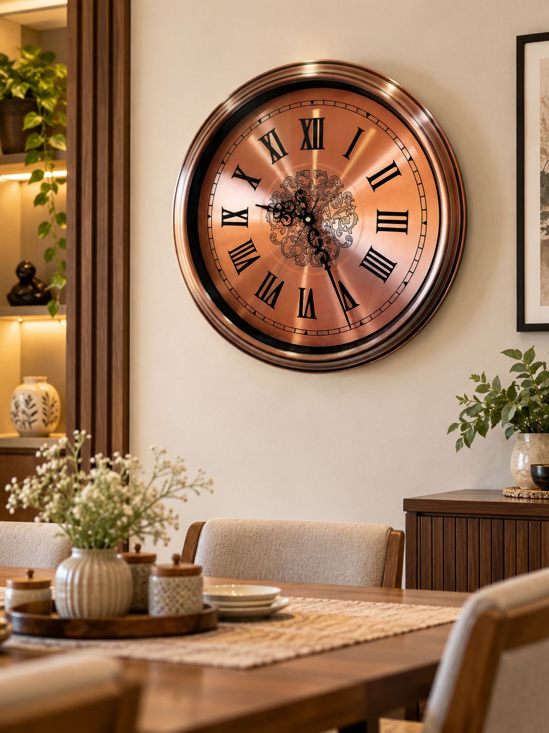 A large round wall clock with a bronze-toned metallic frame and Roman numerals, mounted on a beige wall in a styled dining room setting.