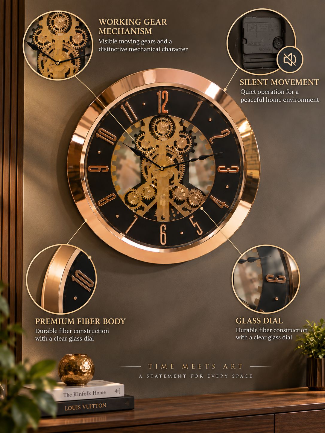 A large round wall clock with a rose-gold metallic frame and black face, shown mounted on a dark wall above a wooden surface. The image includes callout circles highlighting features such as the working gear mechanism, silent movement, premium fiber body, and glass dial.