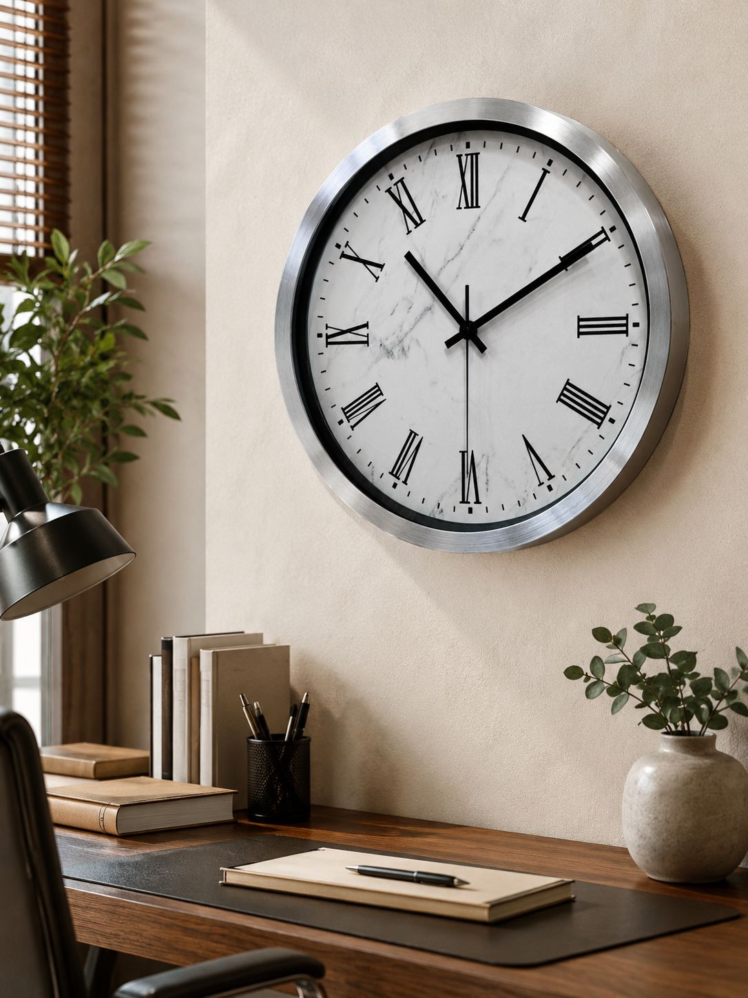 A large round wall clock with a silver metallic frame and a white marble-patterned face with black Roman numerals, mounted on a beige wall above a wooden desk in a styled home office setting.