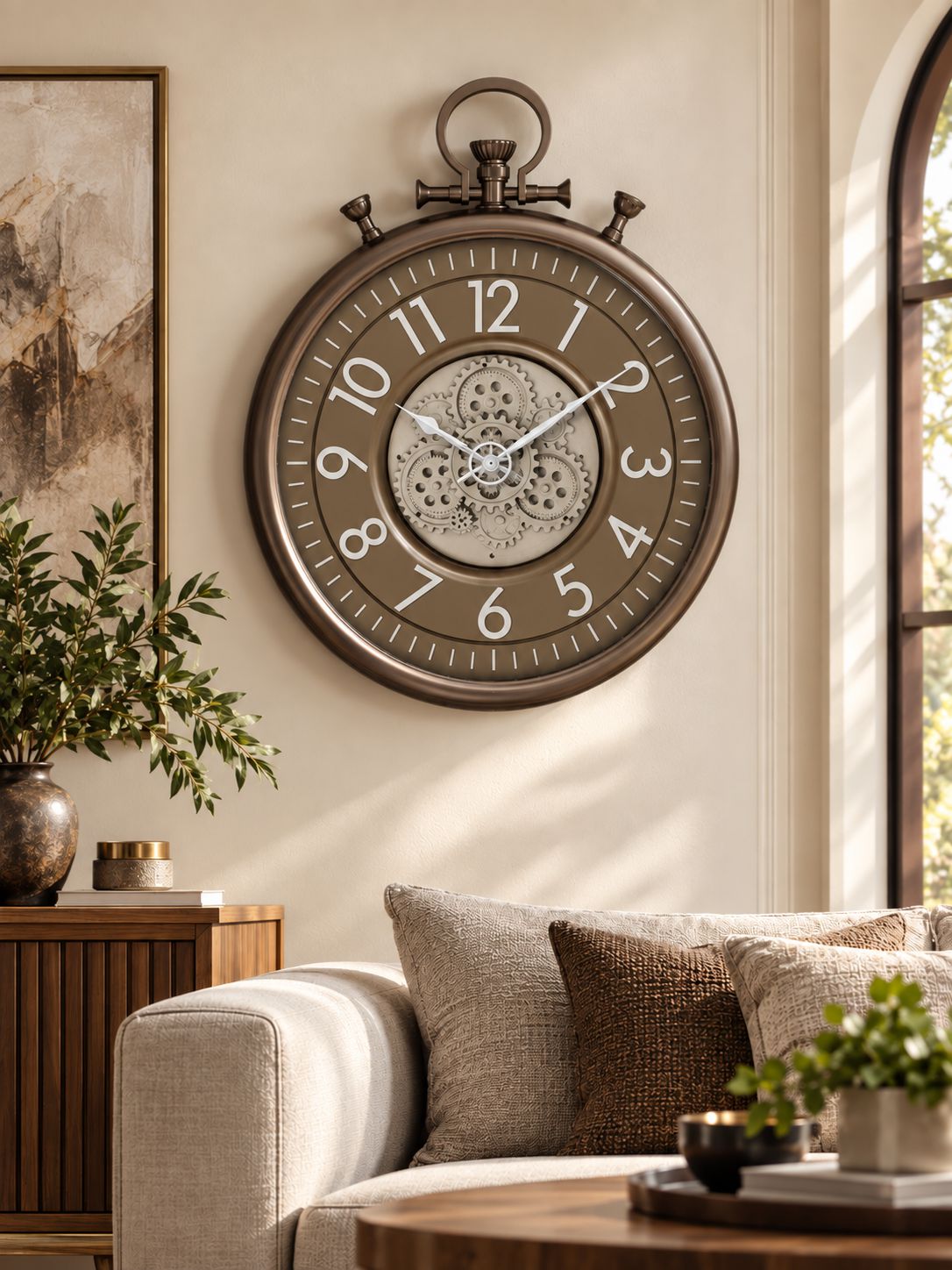 A large round wall clock with a vintage alarm-style design hangs on a beige wall in a styled living room. The clock has a dark bronze-toned frame, white Arabic numerals, ornate silver hands, and a decorative floral or lace-like center insert.