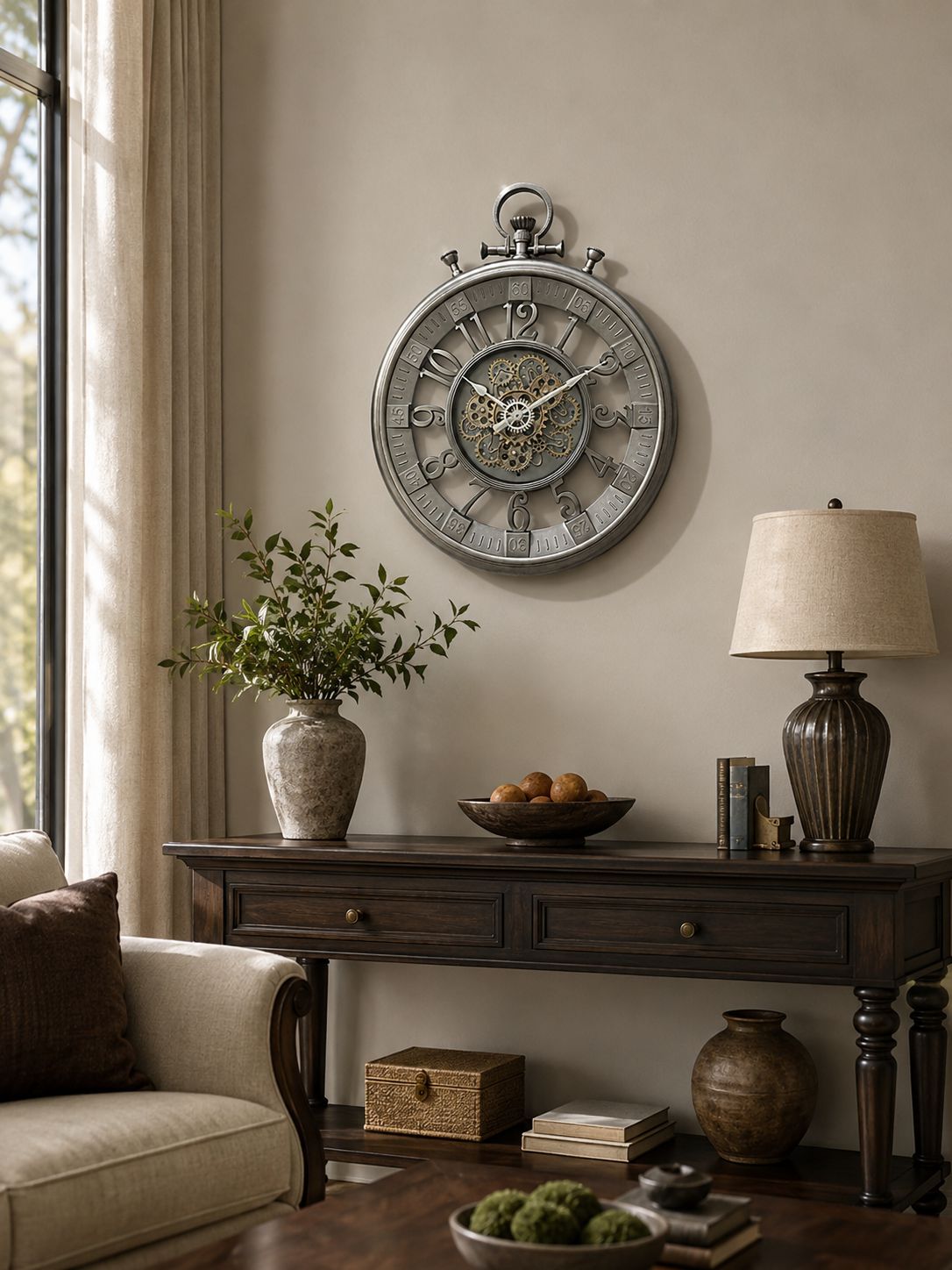 A large round wall clock with a vintage silver-toned frame and ornate central mechanism, mounted on a beige wall above a dark wood console table in a styled living room.