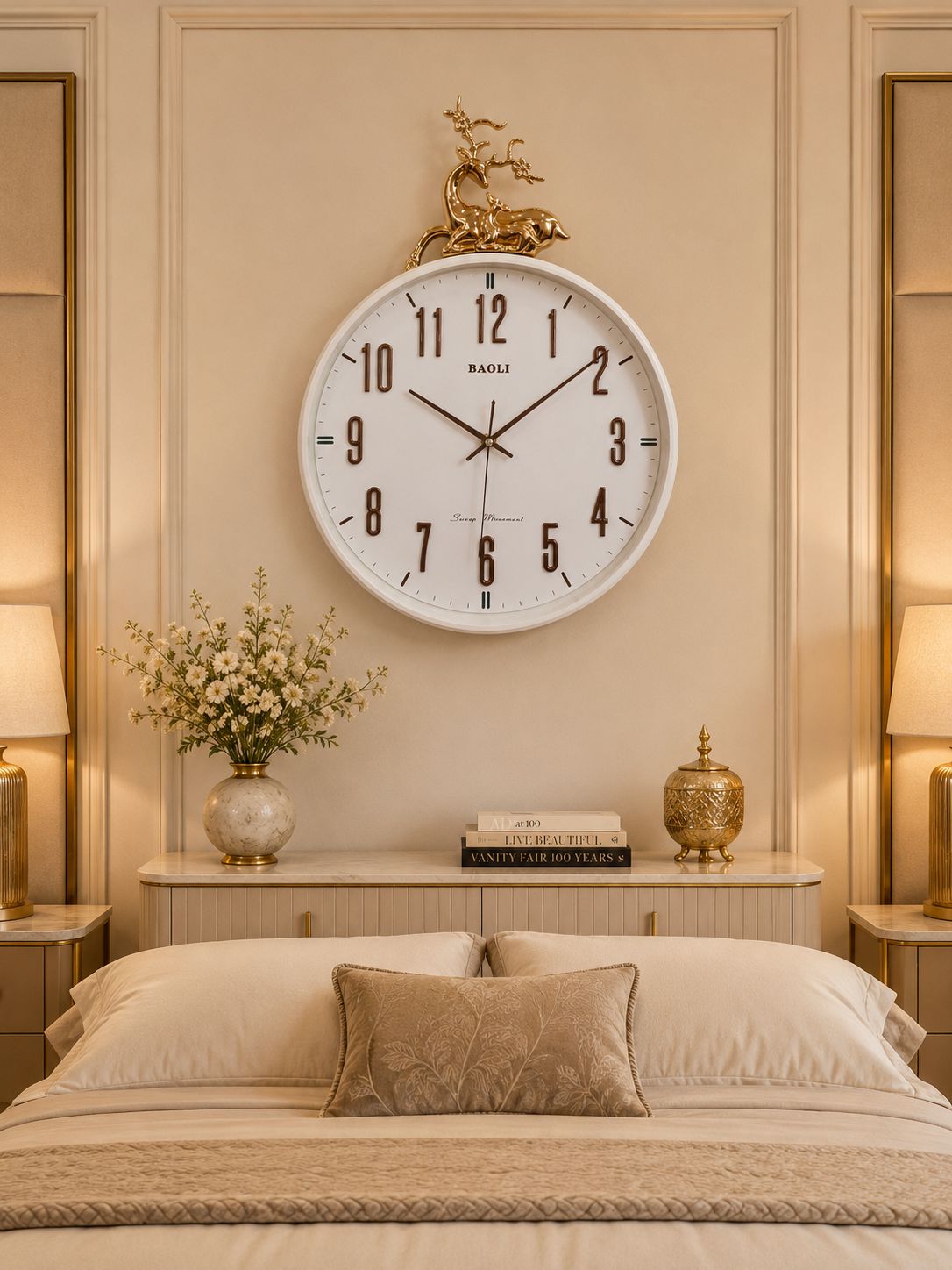 A large round wall clock with a white face and black Arabic numerals hangs above a bed in a warm, beige-toned bedroom. The clock has a decorative gold horse figure at the top and the brand name 'BAOLI' visible on the face.