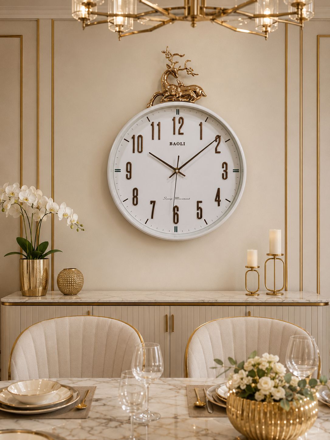 A large round wall clock with a white face and black numerals, mounted on a beige dining room wall above a table setting. The clock has a gold deer figurine on top and the brand name BAOLI printed near the bottom center.