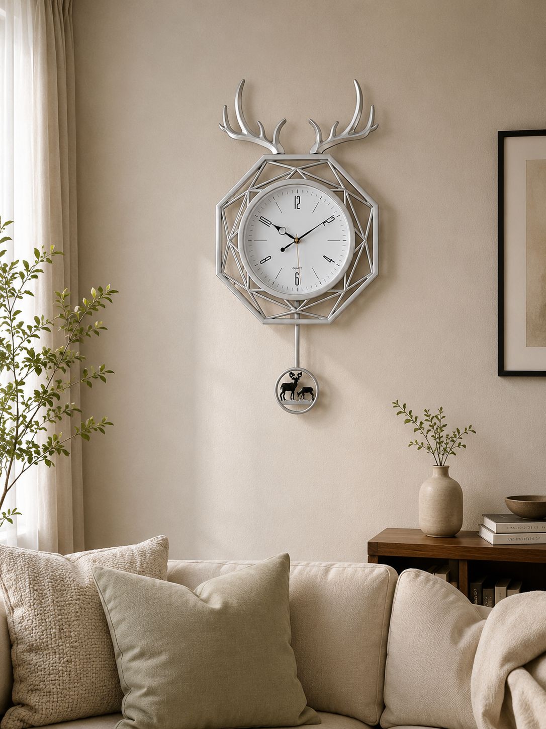 A modern geometric wall clock with a deer head silhouette and antlers, mounted on a beige wall in a styled living room setting with a sofa, plants, and a side table.