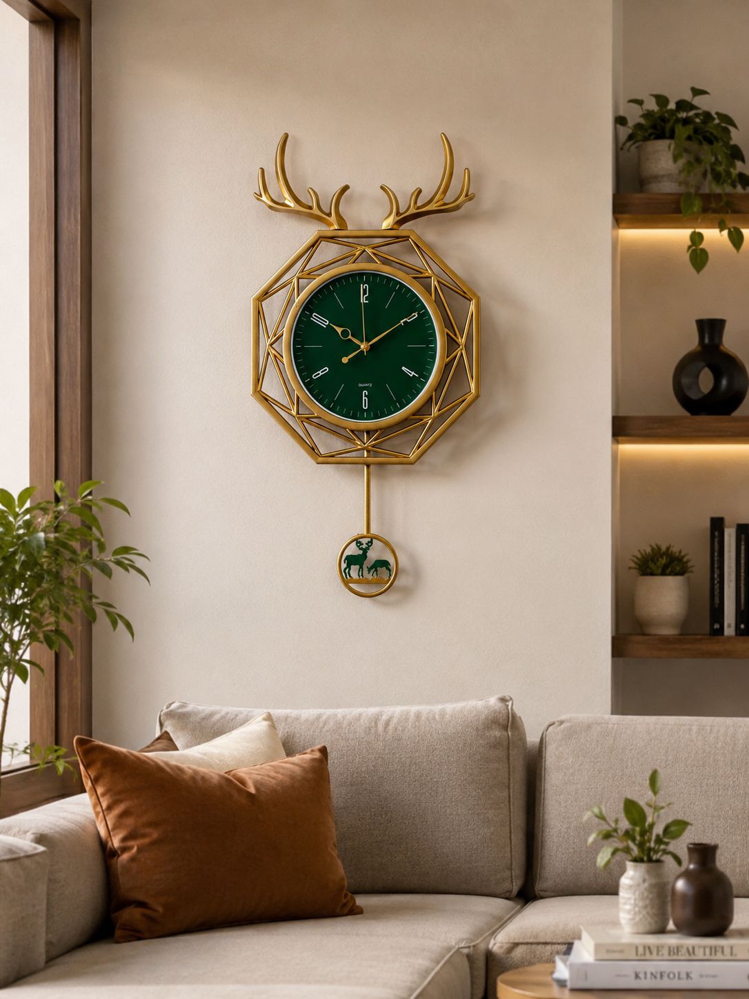 A modern geometric wall clock with a gold deer head frame and antlers, featuring a dark green face and a hanging bell, mounted on a beige wall above a gray sofa in a styled living room.