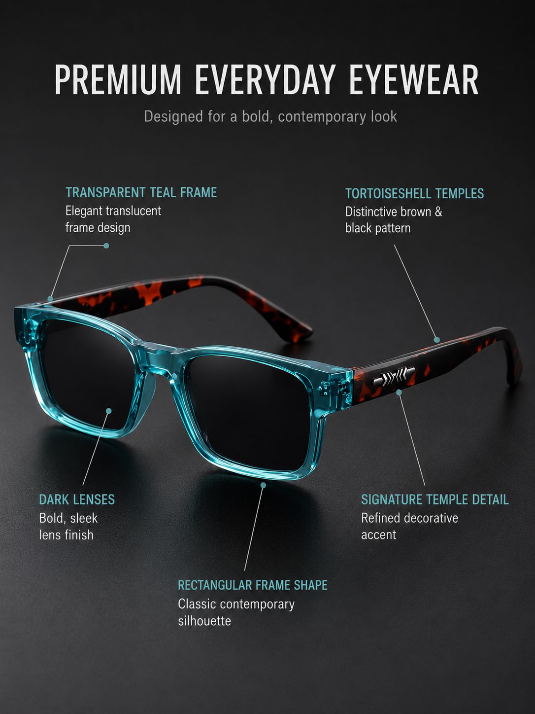 A pair of eyeglasses with a translucent teal frame, dark lenses, and tortoiseshell temples, shown on a dark background with feature callout text.