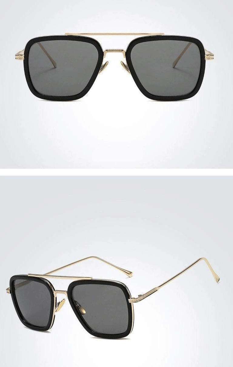 A pair of square-shaped sunglasses with black frame and blue lens, inspired by Tony Stark's style from the Avengers movie franchise.