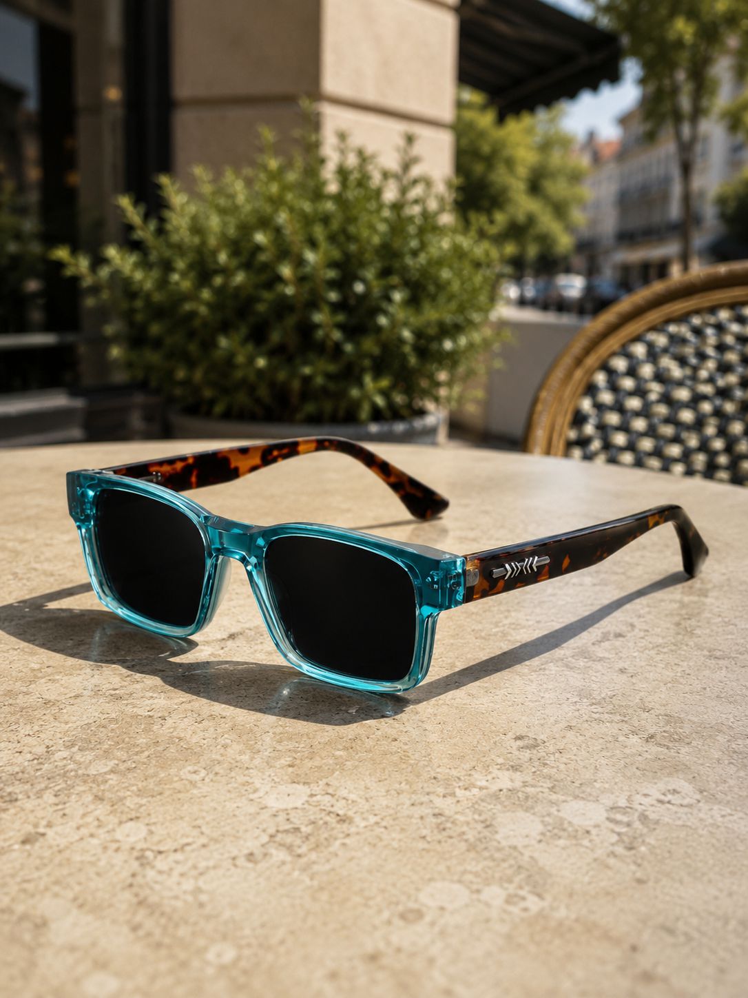 A pair of square sunglasses with translucent teal-blue frames and dark lenses, resting on a stone patio table outdoors. The temples feature a brown tortoiseshell pattern