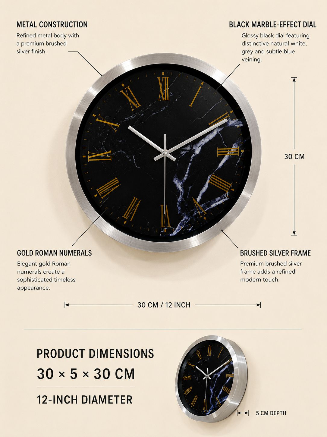 A product dimension diagram for a round wall clock with a black marble-effect dial, brushed silver frame, and gold Roman numerals. The image includes labeled callouts for metal construction, black marble-effect dial, gold Roman numerals, and brushed silver frame, along with product dimensions of 30 x 5 x 30 cm (12-inch diameter) and a smaller inset showing the clock at the bottom.