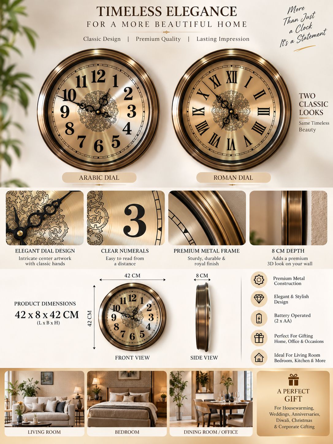 A product infographic for a pair of elegant wall clocks, featuring front and side views, dimension measurements (42 cm diameter, 8 cm depth), and lifestyle room settings. The clocks have a warm champagne-gold metallic finish with dark brown Arabic numerals and hands.