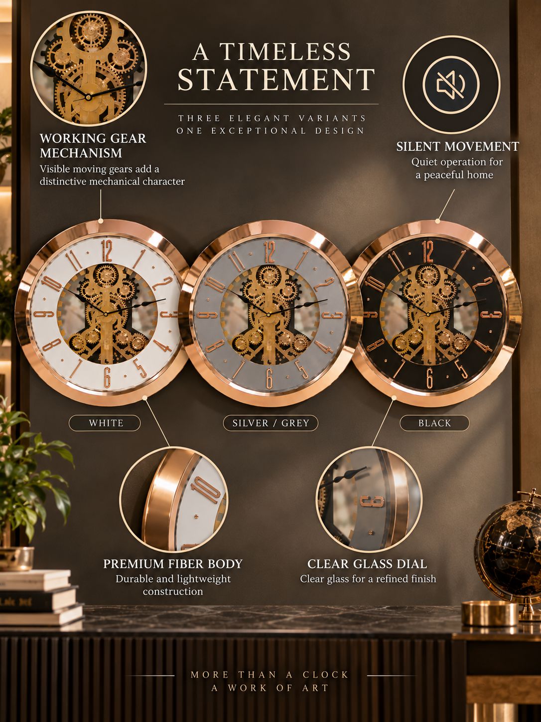 A promotional graphic for a mechanical wall clock with three face color options: white, silver/gray, and black. The image features a dark brown textured background with elegant typography, callout lines, and close-up circular insets showing the inner gear mechanism, fiber body, and clear glass dial.