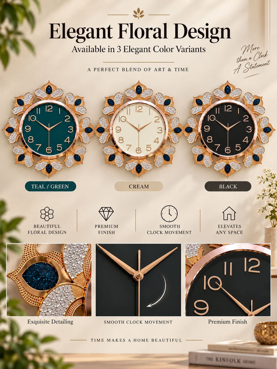 A promotional graphic for decorative wall clocks with an elegant floral frame. The top section shows three clock designs labeled Teal/Green, Cream, and Black, with text reading 'Elegant Floral Design' and 'Available in 3 Elegant Color Variants.