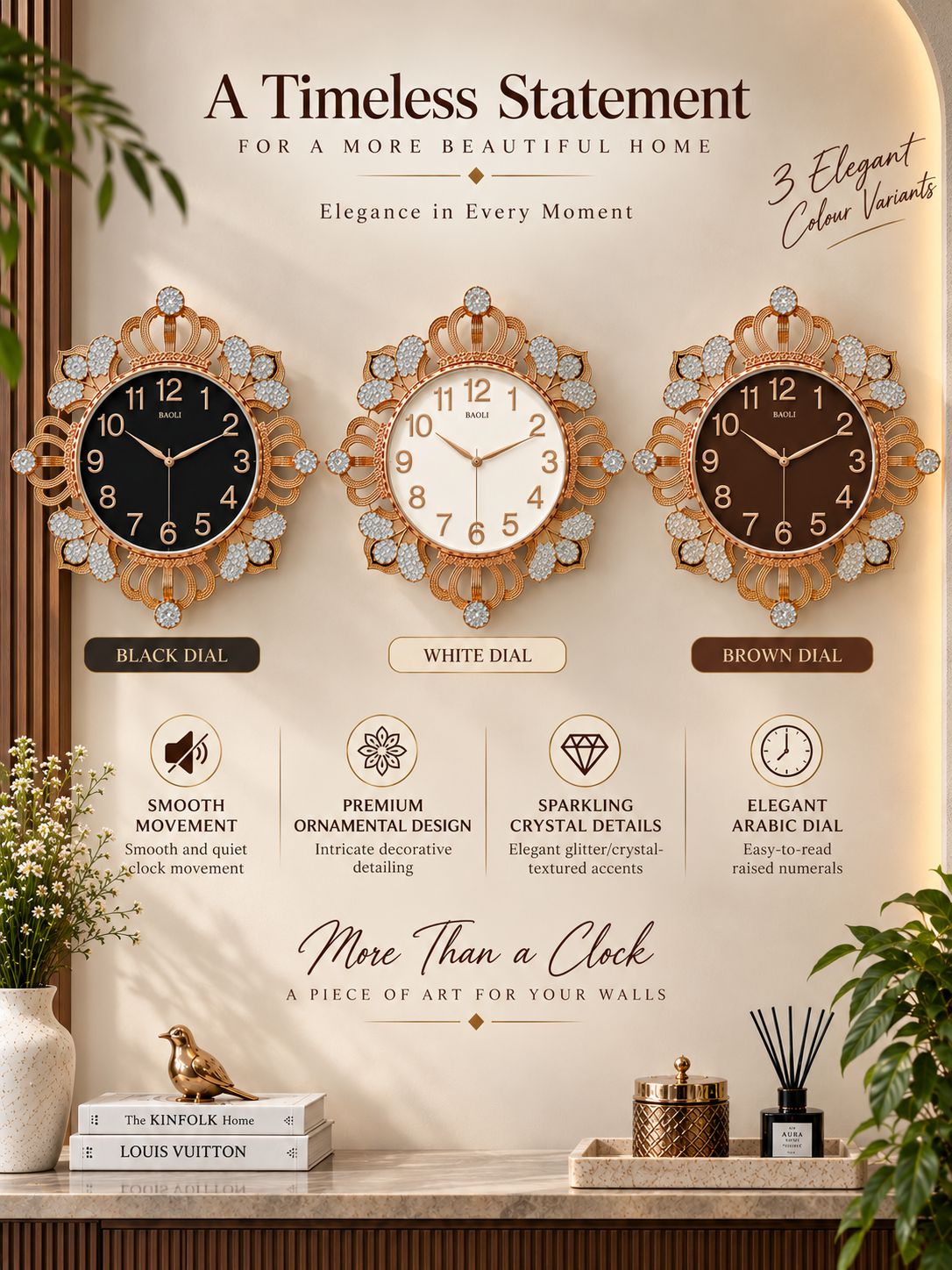 A promotional graphic for three ornate wall clocks labeled Black Dial, White Dial, and Brown Dial, shown in a styled interior setting with decorative plants, books, and home accessories. Large text reads 'A Timeless Statement' and 'Elegance in Every Moment.