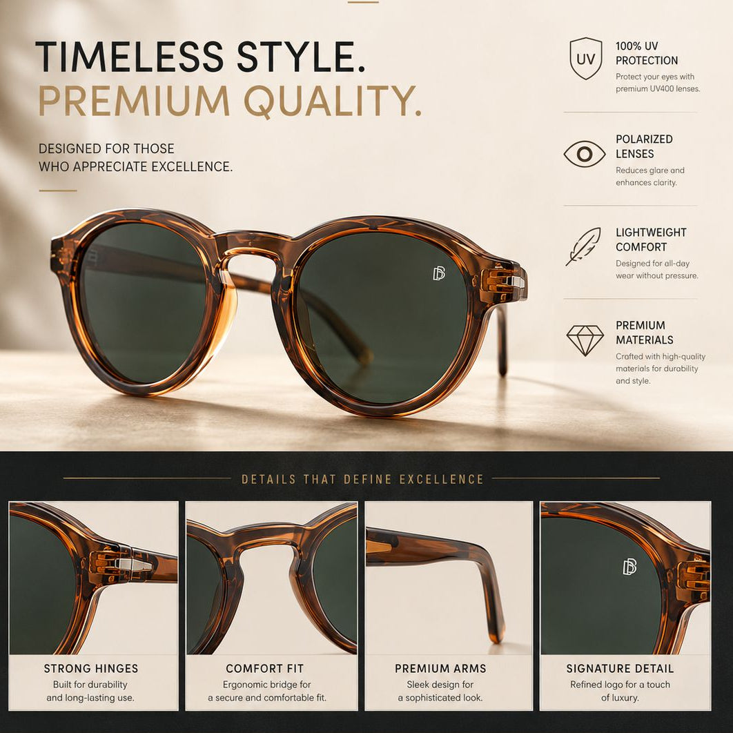 A promotional graphic for tortoiseshell eyeglasses, featuring a large front view of the glasses with dark green lenses and several feature callouts. The top section reads 'TIMELESS STYLE.
