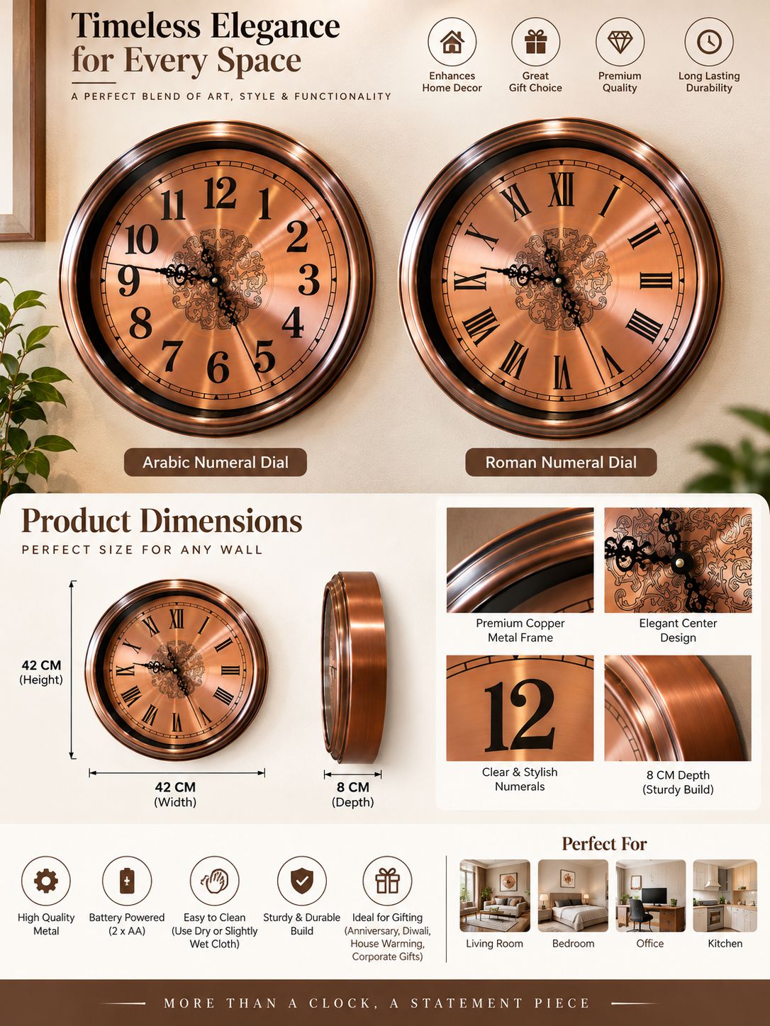 A promotional infographic for a decorative wall clock with Arabic numeral dial and Roman numeral dial options. The design shows two large clock faces, product dimensions (43 cm width, 42 cm height, 8 cm depth), close-up detail panels, and feature icons on a beige background.