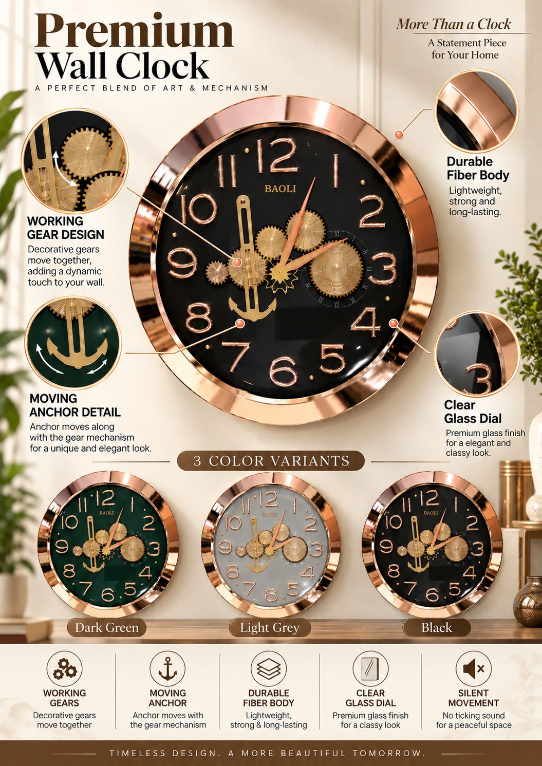 A promotional infographic for the Eagle Premium Wall Clock, showing a large rose gold and black clock face in the center with three smaller clock face variants below (Dark Green, Light Grey, Black). The graphic includes descriptive text callouts, feature icons, and a bottom row of feature badges on a white background.