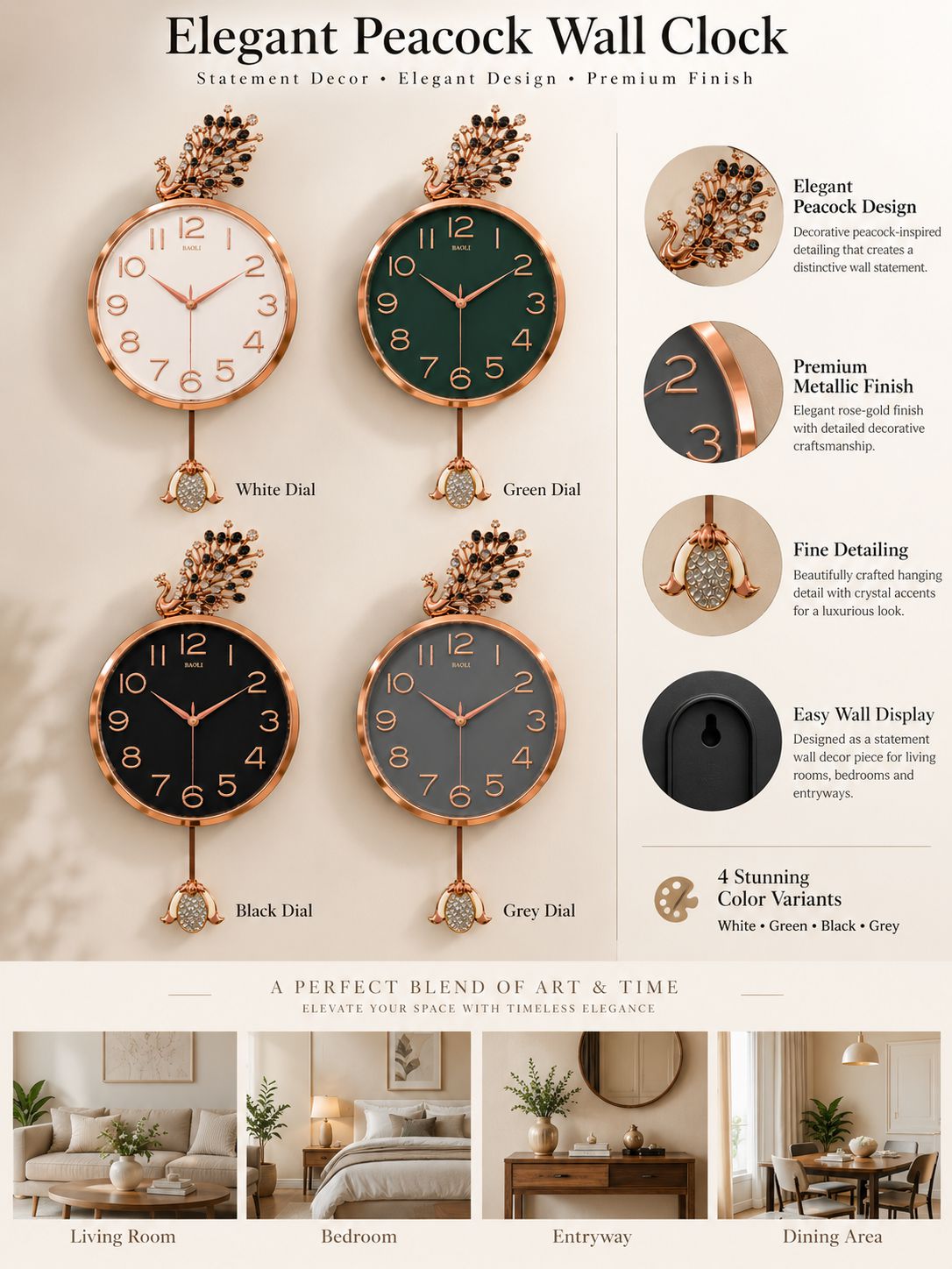 A promotional infographic for the Elegant Peacock Wall Clock, showing four clock face color variants (White, Green, Black, and Grey) with rose gold peacock frames. The graphic includes descriptive text callouts on the right, a variety section at the bottom, and three lifestyle room mockups at the very bottom showing the clocks installed in living rooms, bedrooms, and entryways.