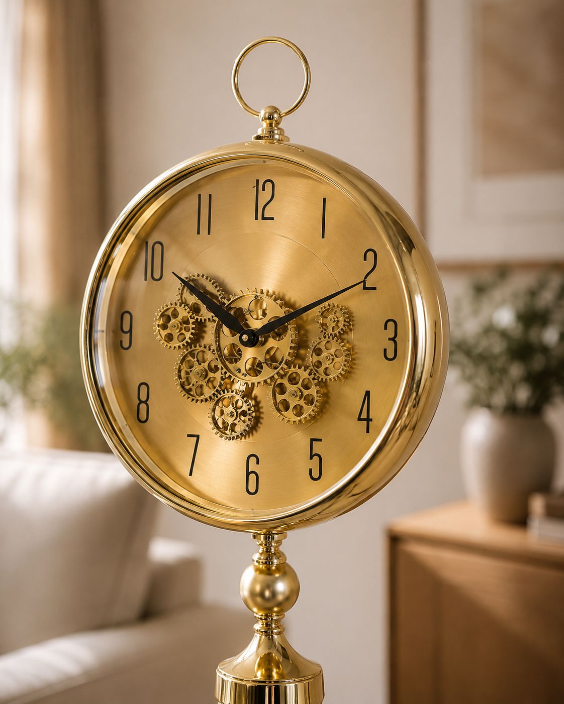 A round brass desk clock with a gold face and matching gold casing, featuring a central gear mechanism and black Arabic numerals, set against a softly blurred living room background.