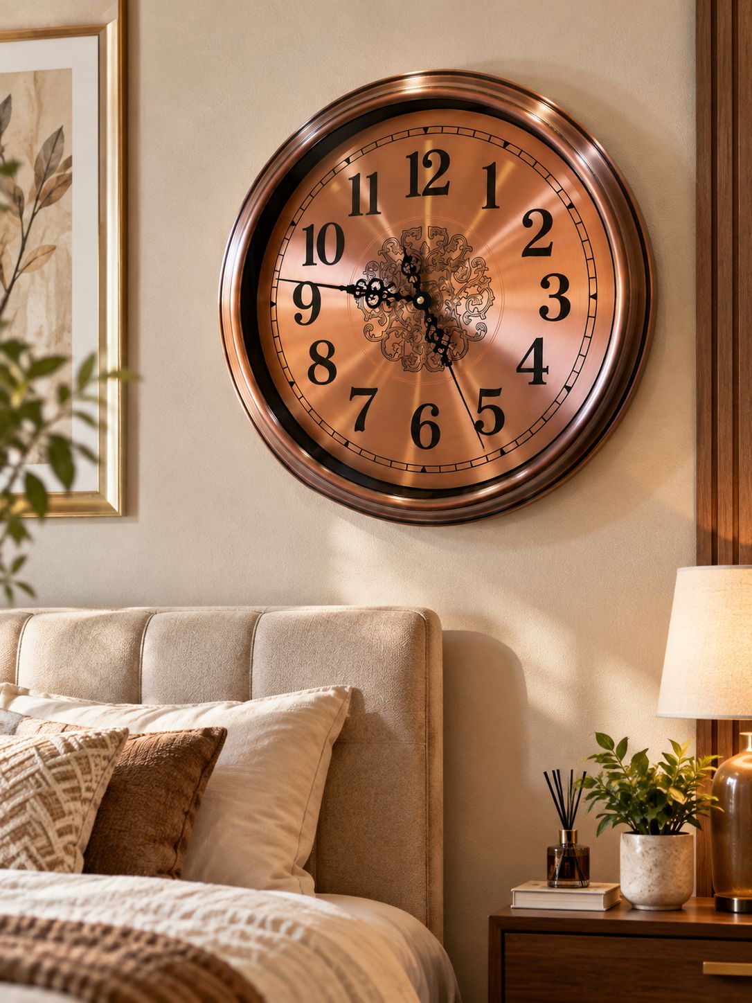 A round copper-toned wall clock with black numerals and ornate hands, mounted on a beige wall above a bed in a styled bedroom setting.