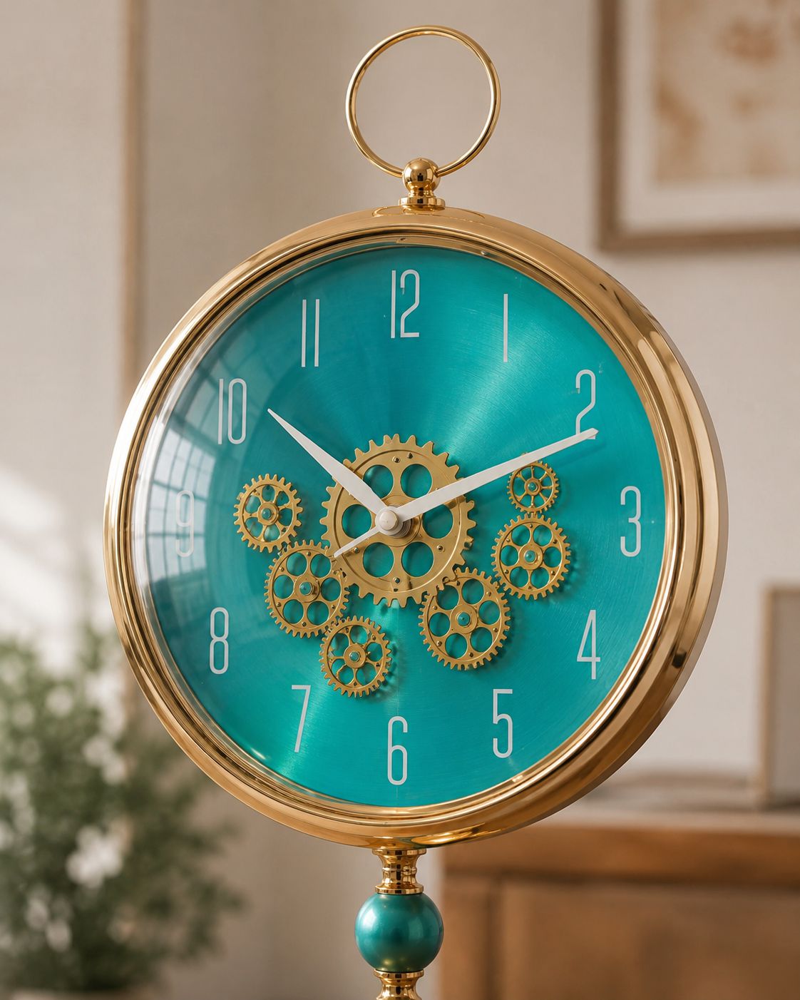 A round decorative clock with a gold-tone metal frame and top loop, featuring a bright turquoise face with gold gears and white numerals, shown in a softly blurred indoor setting.
