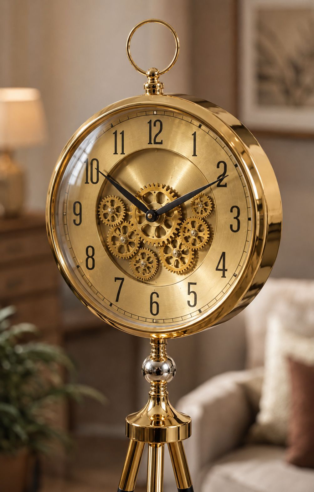 A round gold-toned decorative wall clock with a visible gear mechanism on the face, mounted on a tripod stand in a softly lit living room.