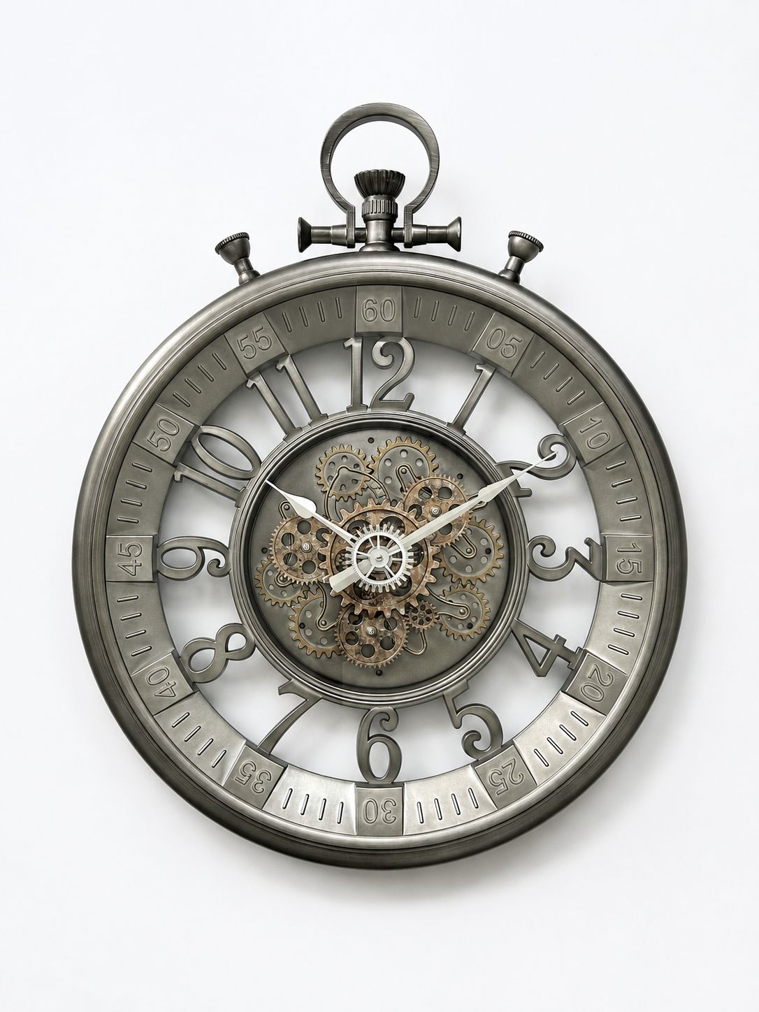 A round skeleton pocket watch with a metallic gray steel casing, featuring exposed internal gears and clockwork at the center, set against a plain white background.