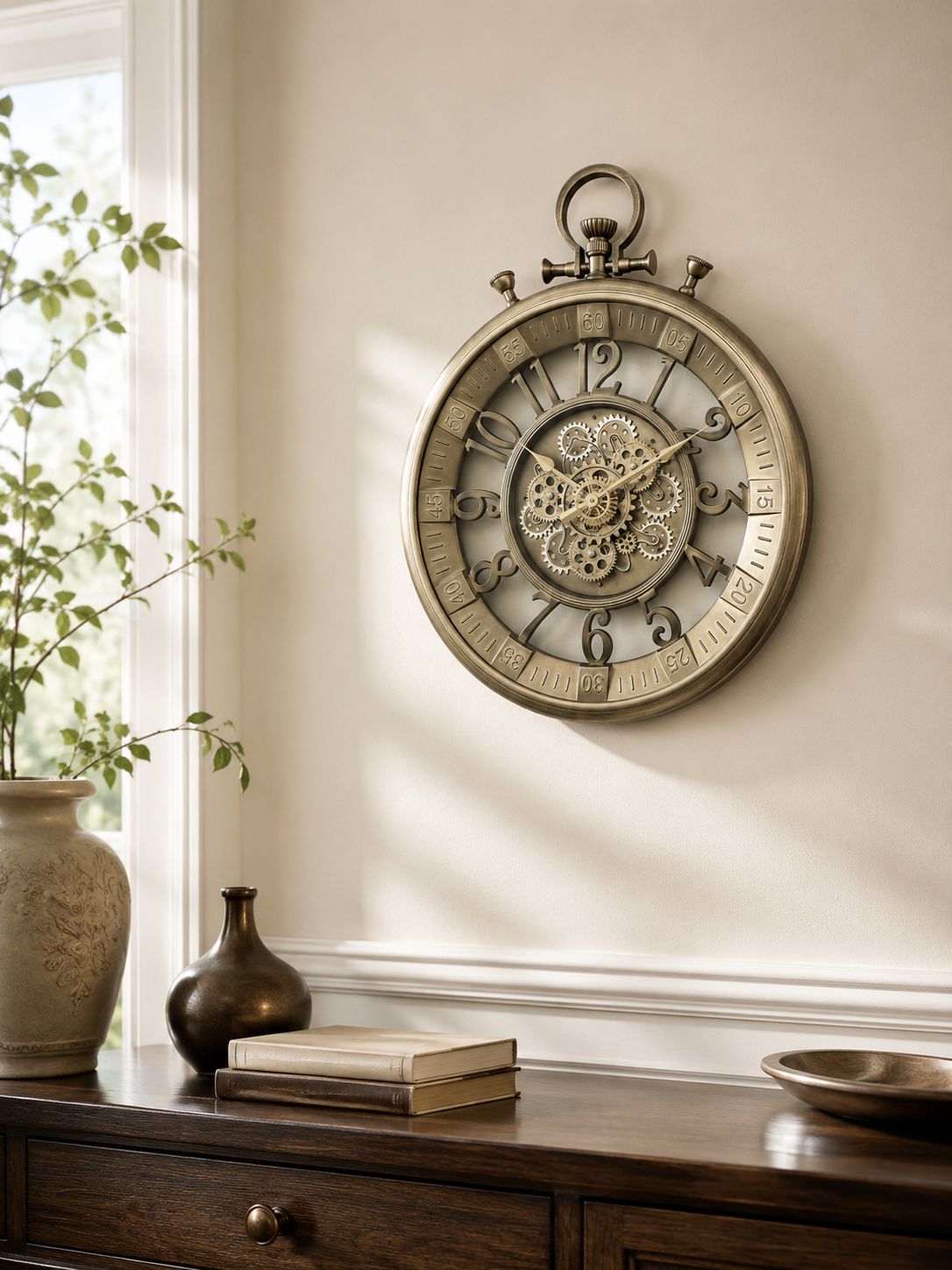 A round vintage-style wall clock with a skeletonized center and exposed gears, mounted on a cream-colored wall above a dark wooden console table with books and a vase.