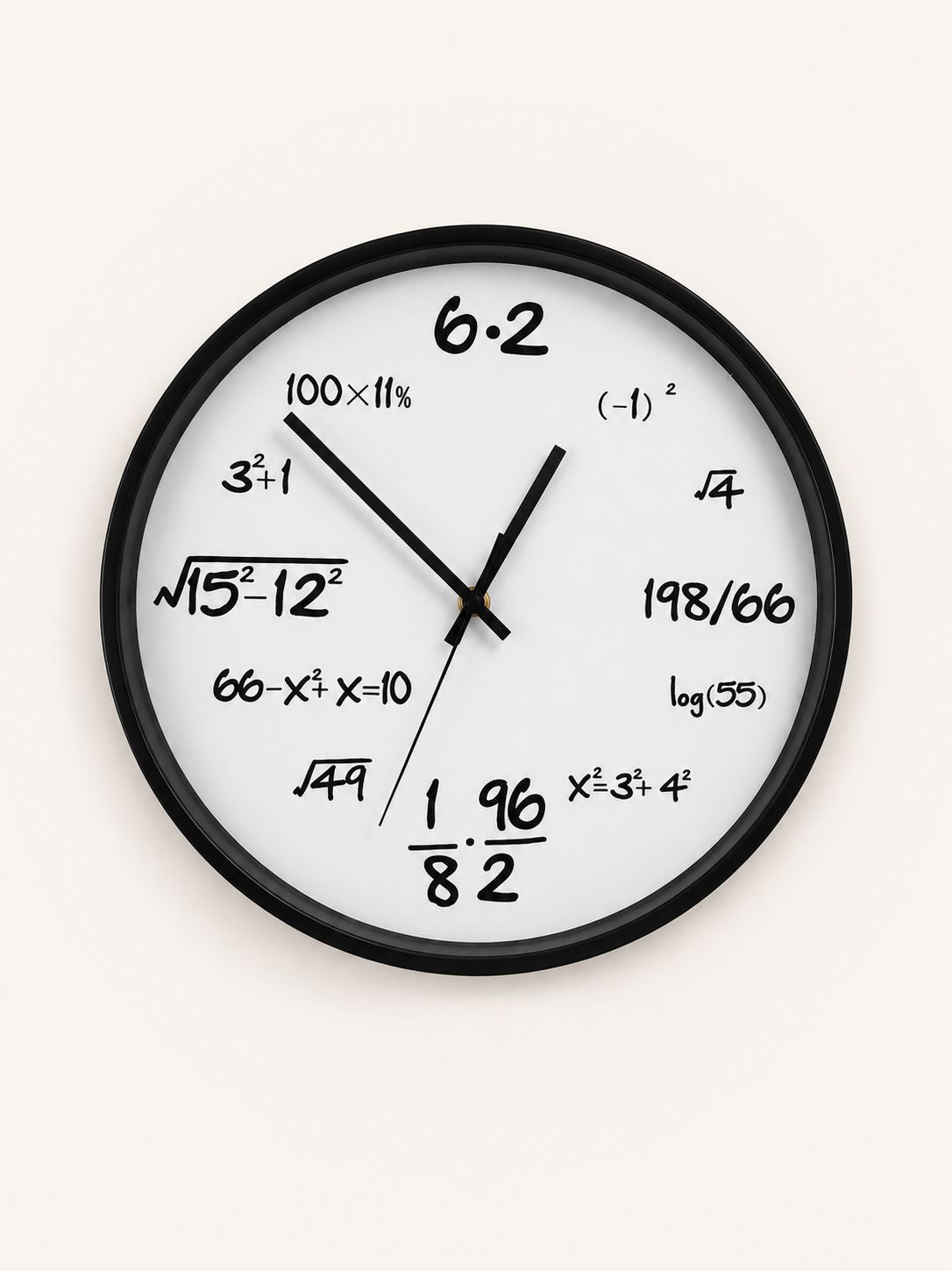 A round wall clock with a black frame and a white face, featuring black mathematical equations and symbols replacing the numbers on the dial, set against a plain off-white background.