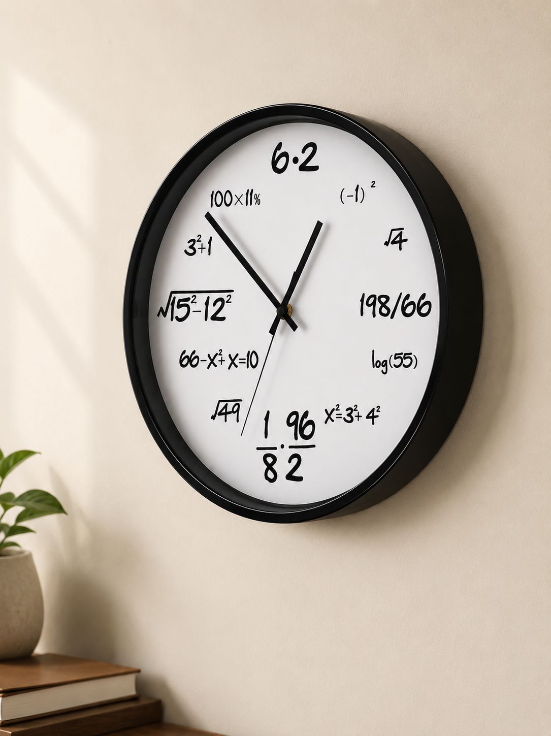 A round wall clock with a black frame and a white face featuring mathematical equations instead of standard numbers, mounted on a beige wall above a small plant and books.