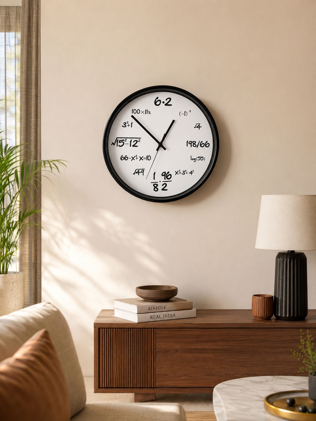 A round wall clock with a black frame and black hands over a white face featuring handwritten-style numbers and markings, mounted on a beige wall in a styled living room above a wooden console table with a lamp and books.