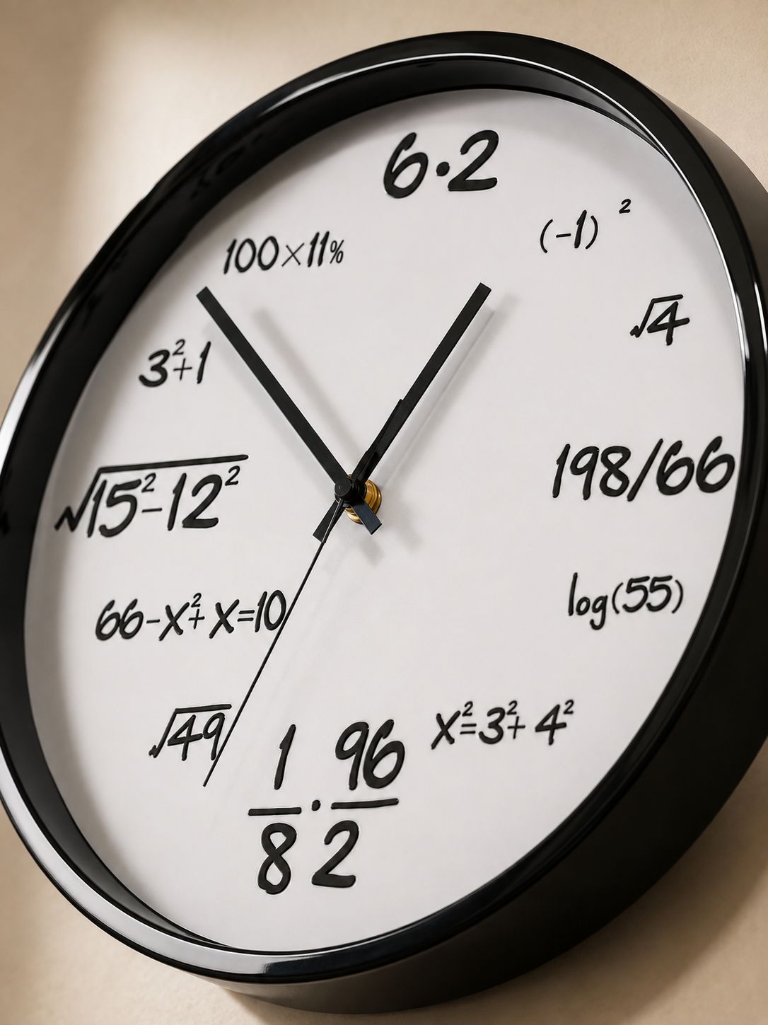 A round wall clock with a black frame and white face, featuring mathematical equations and symbols replacing standard numbers on the dial.