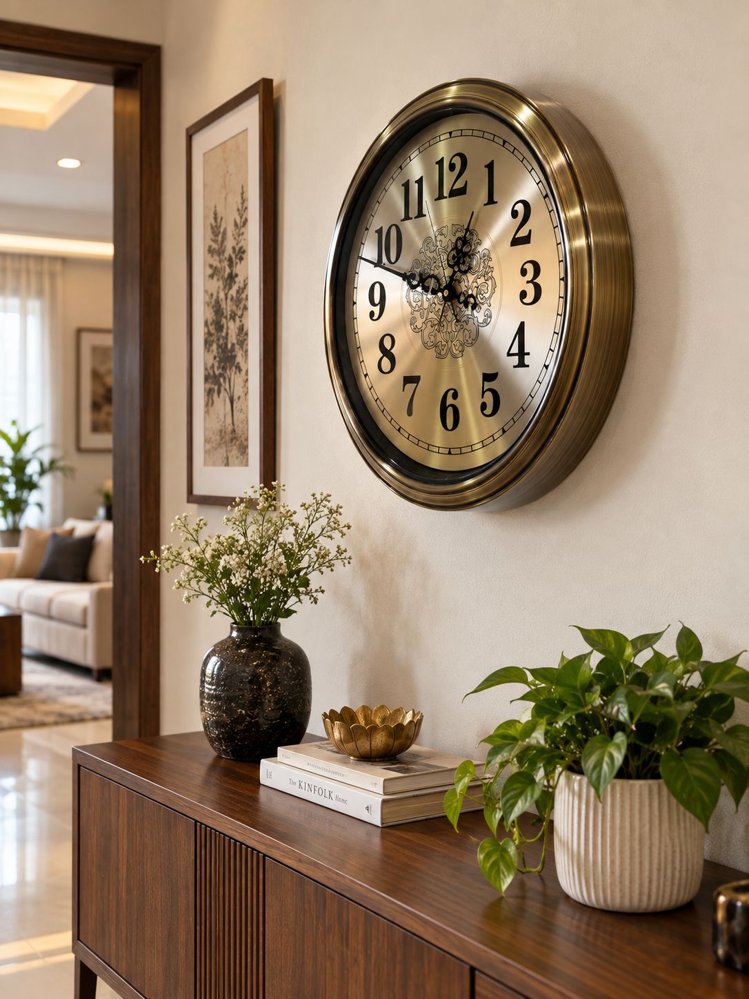 A round wall clock with a bronze-toned metal frame and black Arabic numerals, mounted on a beige wall in a styled home entryway above a wooden console table with plants and framed art.