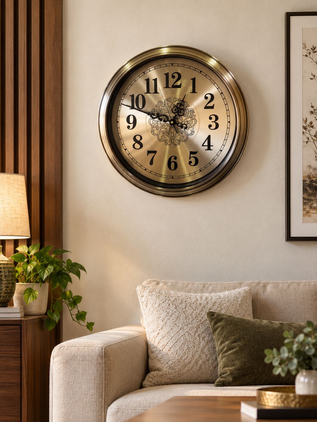 A round wall clock with a brushed gold-toned metal frame and black numerals, mounted on a beige wall in a styled living room above a sofa with pillows.