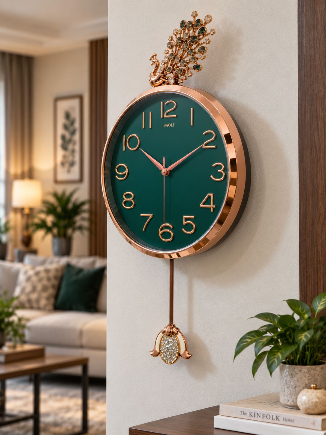 A round wall clock with a deep green dial, rose gold-toned frame and hanging rod, and a decorative floral topper, shown mounted on a beige wall in a styled living room.