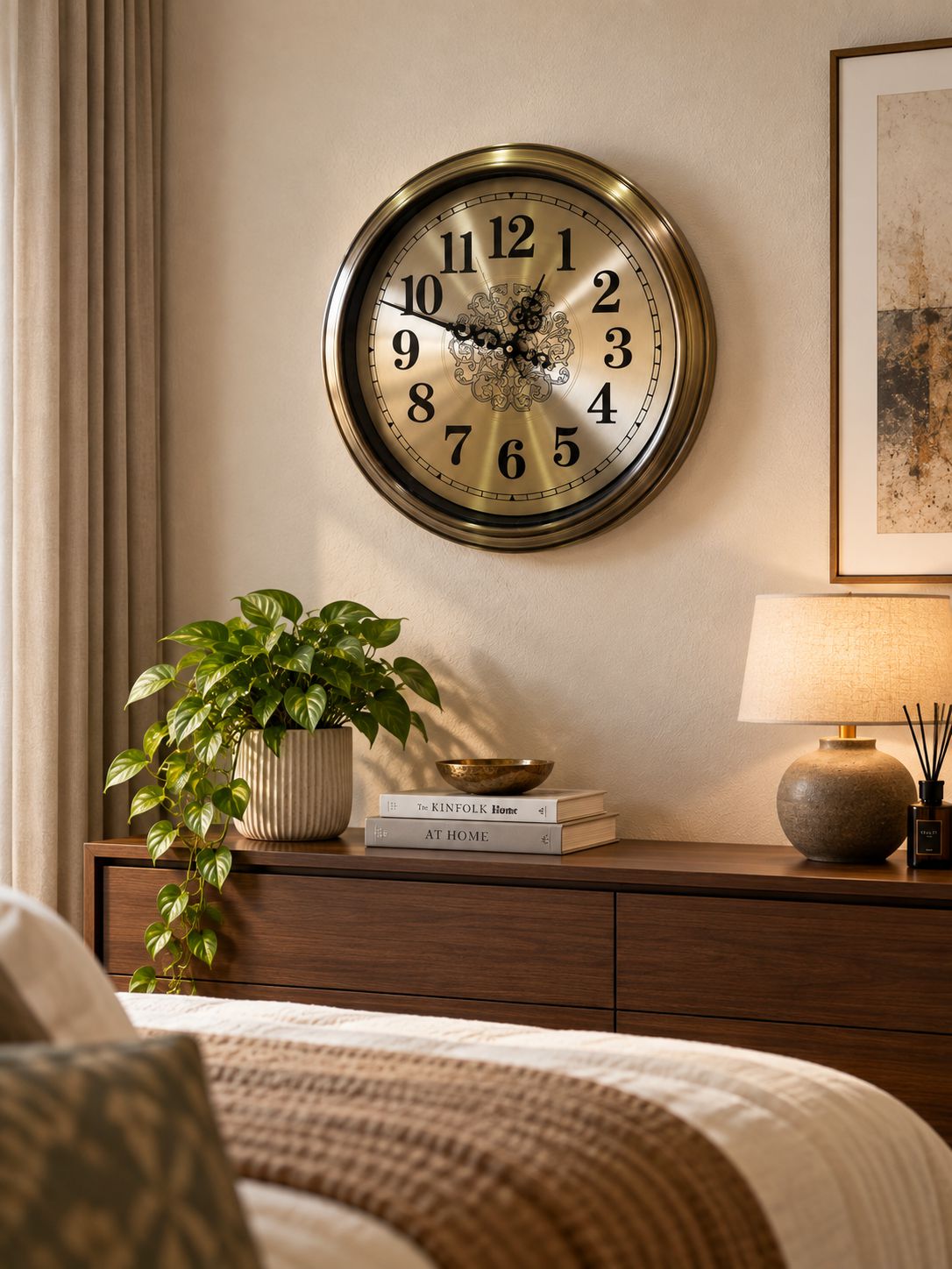 A round wall clock with a distressed bronze frame and black Arabic numerals hangs on a beige wall above a wooden nightstand in a styled bedroom setting. A potted green plant, stacked books, and a lit table lamp are on the dresser, with a bed visible in the foreground.