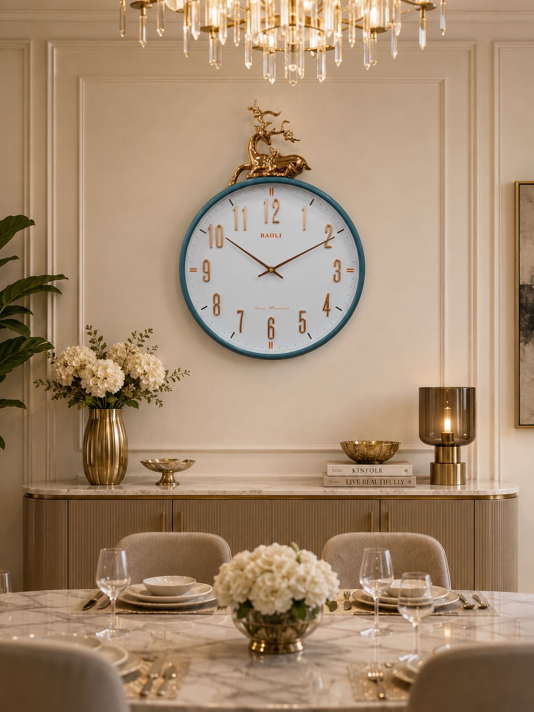 A round wall clock with a light blue frame and gold deer finial, mounted on a cream paneled wall above a dining table in a styled interior.