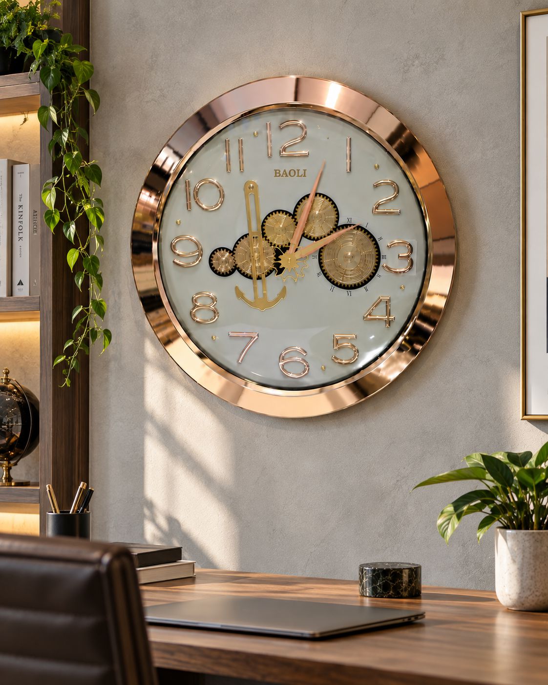 A round wall clock with a rose gold metallic frame and a light blue dial, featuring gold gears and an anchor motif. The clock is mounted on a textured gray wall in a modern home office setting with a wooden desk, laptop, and plants.