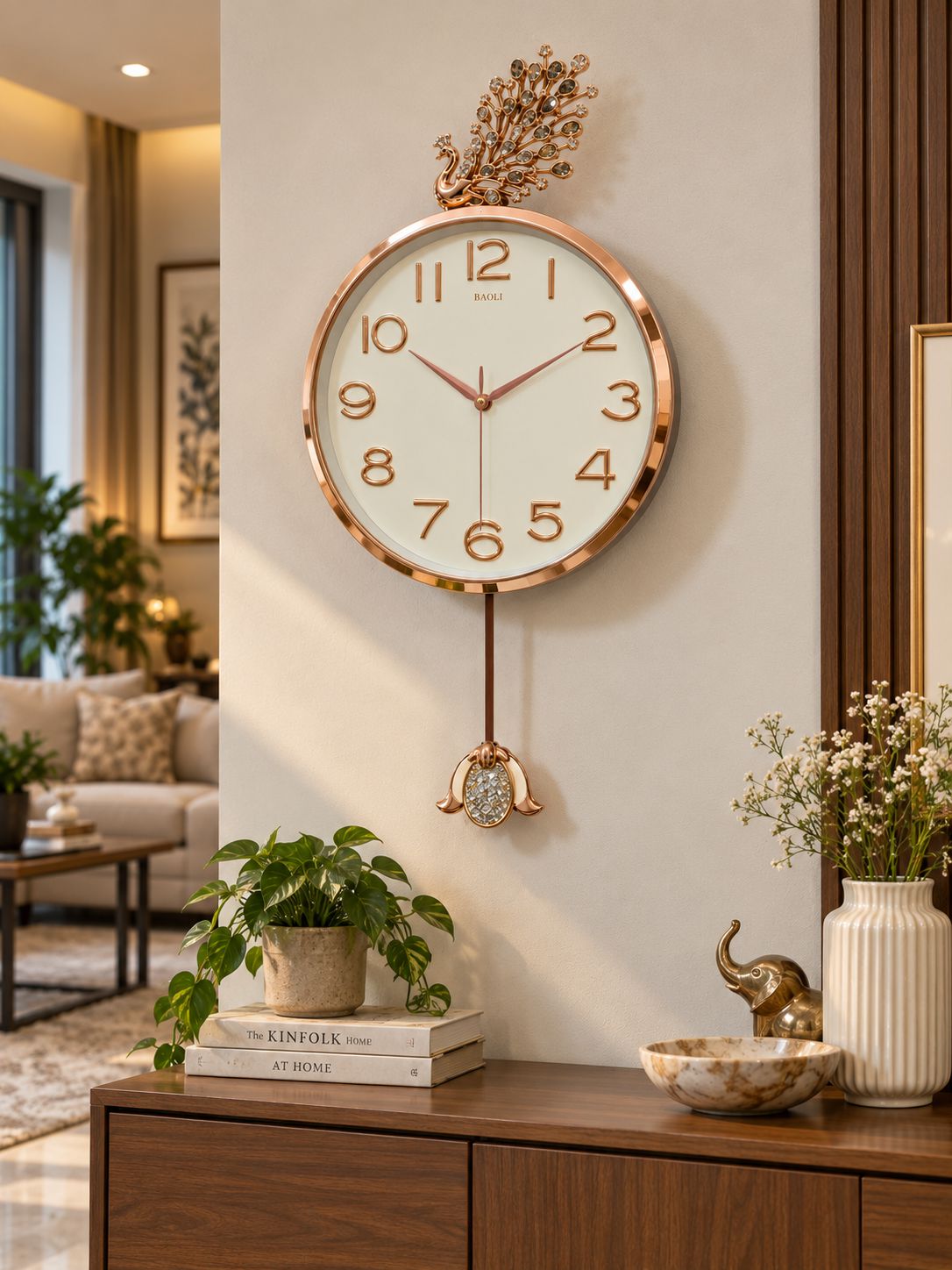 A round wall clock with a rose gold metallic frame and numerals, a white dial face, and a decorative hanging ornament, mounted on a beige wall in a modern living room setting.