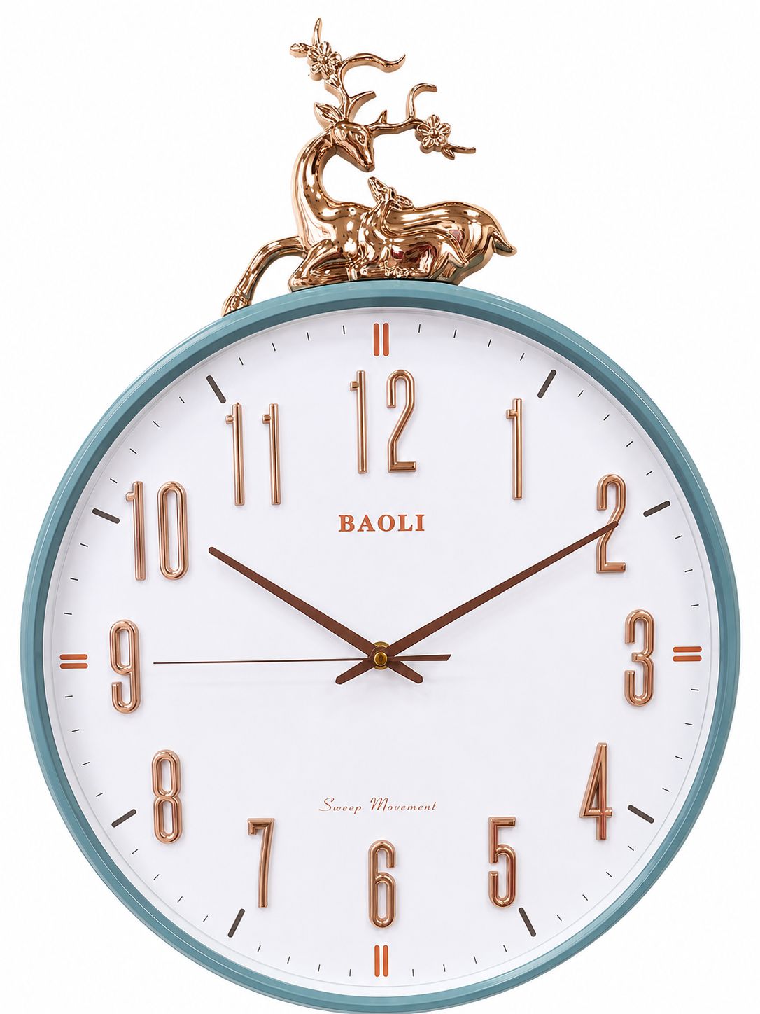 A round wall clock with a white face, a light blue rim, rose gold Arabic numerals and hands, and a metallic deer figurine on top. The brand name 'BAOLI' is printed on the clock face.