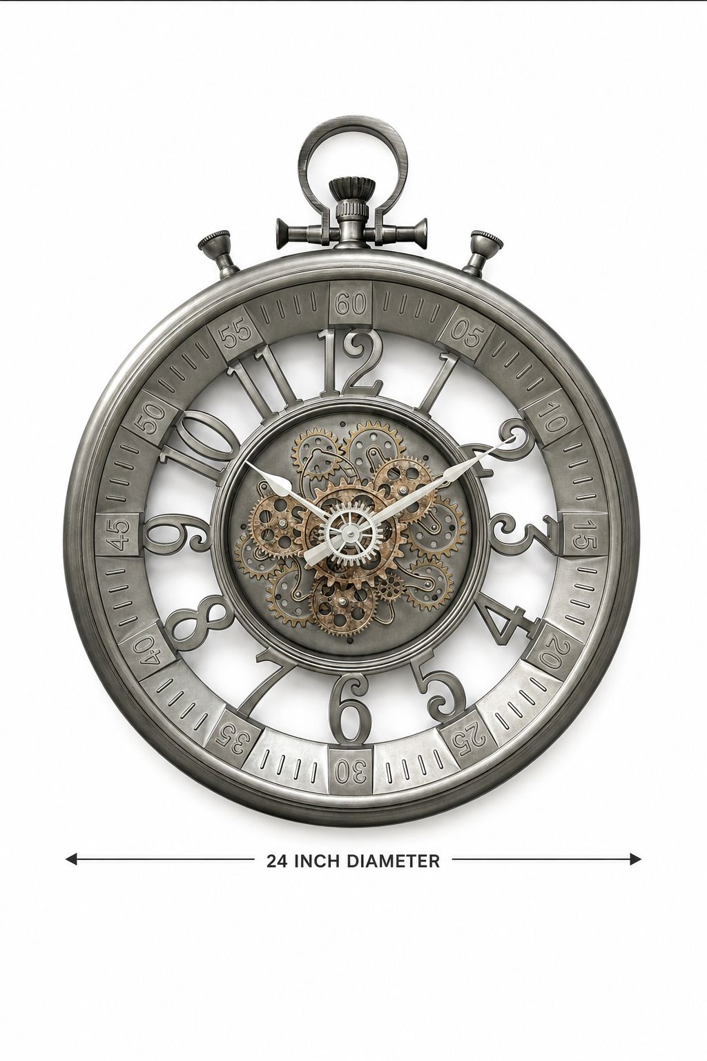 A steampunk-style pocket watch clock with a visible ornate internal gear mechanism, shown on a white background with a dimension label reading 24 inch diameter.