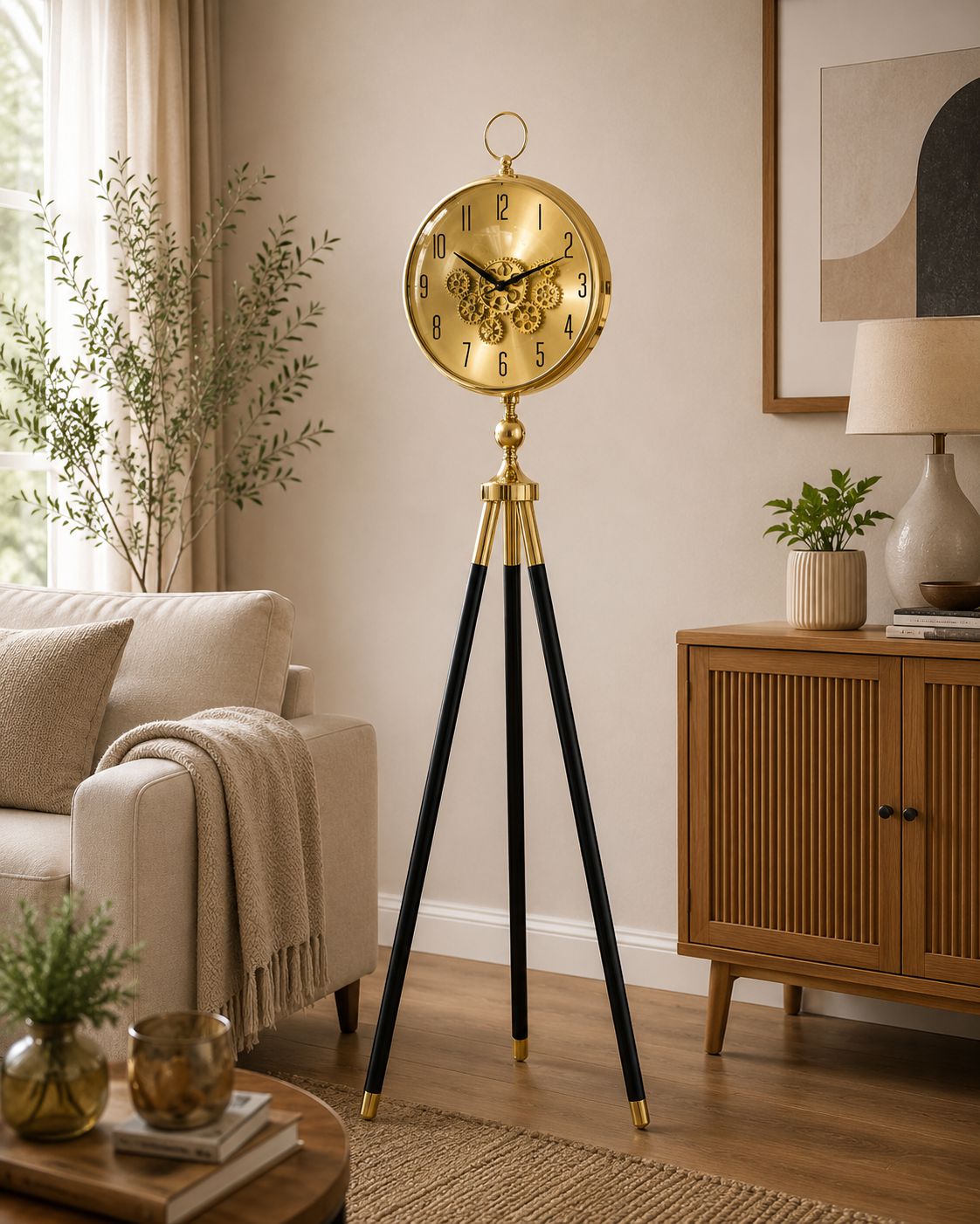 A tall decorative floor clock with a round gold clock face, ornate gold hands, and a tripod base with black legs, placed in a styled living room next to a sofa and wooden cabinet.